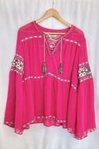 Double D Ranch Floral Embroidered Peasant Blouse Top Large Sheer Pink Tassels - £63.94 GBP