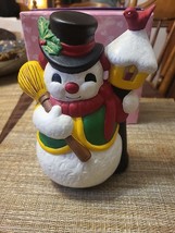 VIntage Hand Painted Ceramic Snowman Christmas With Broom, Light And Bird - £14.27 GBP