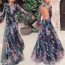 Floral Print O-neck Backless Bohemian Maxi Dress - £35.24 GBP