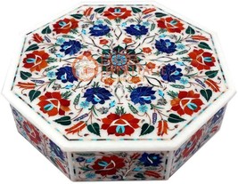 12&quot;x12&quot;x4&quot; Marble Jewelry Box Carnelian Inlay Marquetry Floral Art Veterans Gift - £1,032.17 GBP