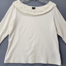 Rafaella Women Shirt Size M Cream Preppy Pearl Round Neck Classic 3/4 Sleeve Top - £9.91 GBP