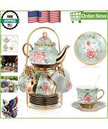 Complete 20-Pc Porcelain Tea Set with Metal Holder for Elegant Gatherings - $1,585.22 MXN