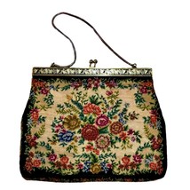 Vintage Petit Point Embroidered Purse Floral Tapestry Black Evening Bag ... - $40.52