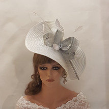 SILVER Grey fascinator large Hat Mother of Bride Church Derby Ascot Hatinator - £95.12 GBP
