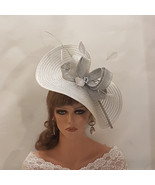 SILVER Grey fascinator large Hat Mother of Bride Church Derby Ascot Hati... - £93.60 GBP