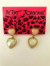 Betsey Johnson Gold Alloy White Foil and Pink Heart Post Dangle Earrings - £7.24 GBP