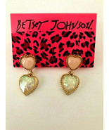 Betsey Johnson Gold Alloy White Foil and Pink Heart Post Dangle Earrings - £7.05 GBP