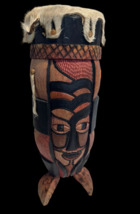 African Tribal Drum Wood Fur Pelt Carved Painting 16&quot; Music Instrument L... - $125.00