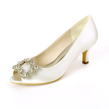 Middle Heels Satin Crystal Party Shoes Fish Mouth Prom Evening Wedding Bridal Wo - £75.88 GBP