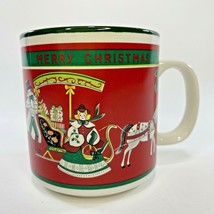 Vintage Lefton Coffee Mug Cup Merry Christmas Hand Painted Dog Horse Sleigh 1987 - £21.61 GBP