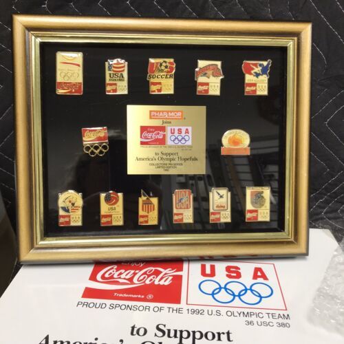 Vintage Limited Edition 1992 Coca Cola America Olympic Collectors Pins Framed - $40.59