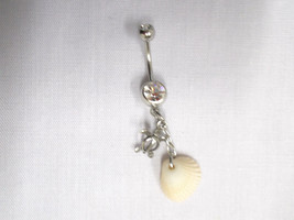 Real Whole Sea Shell &amp; Pewter Honu Sea Turtle With Chain 14g Clear Cz Belly Ring - £8.01 GBP