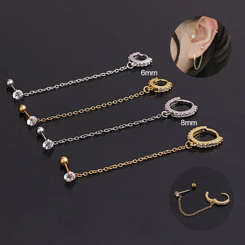 1Piece Bar Diameter 0.8Unusual Double Pierced Chain Stud Earrings for Women Tren - $16.14