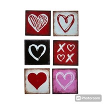 6 Pc Valentine&#39;s Day Heart XOXO Tabletop Decor Wooden Ornaments Square Signs - £7.89 GBP