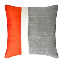 Orange &amp; Grey Silk Color Block Patchwork 16&quot;x16&quot; Pillow Cover - Splendour Orange - £23.95 GBP+