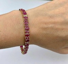 18Ct Ruby Diamond Oval &amp; Round Tennis Bracelet 14K Yellow Gold Plated Silver - £135.00 GBP