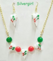 Lampwork Heart Gold White Red Green Gold Plate Necklace Earring Set Christmas - £18.86 GBP
