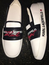 KARL LAGERFELD PARIS WHITE EMBROIDERED SIGNATURE SLIP ON SNEAKERS sz 11 ... - £125.87 GBP