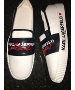 KARL LAGERFELD PARIS WHITE EMBROIDERED SIGNATURE SLIP ON SNEAKERS sz 11 ... - $102.27 CAD