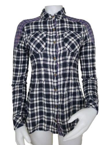 Primary image for Free People Plaid Fitted Top Womens XS Cotton Black Colorblock Pin Tuck Shirt