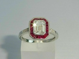 1.80Ct Emerald Cut Simulated Diamond &amp; Ruby Women&#39;s Ring 925 Silver Gold Plated - £81.17 GBP