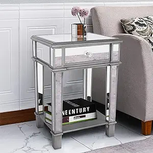 Square Mirrored End Table: 2-Tier Tall Sofa Side Table With Glass Silver... - $294.99