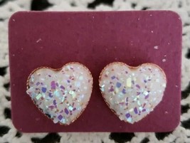 One (1) Pair Fashion Earrings ~ Glittery Heart ~ White ~ Studs/Posts - £11.83 GBP