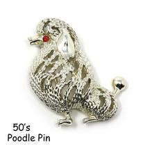 Vintage 50s Poodle Pin - 1.75&quot; Gold Metal Fur Detail &amp; Rhinestone Eye - ... - £11.15 GBP