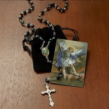 St. Michael Archangel Rosary with Black Velvet Pouch &amp; Prayer Card Catholic - £13.30 GBP