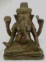 Antigüedad Thai Estilo Bronce Sentado Verde 4-Arm Ganesha Estatua - 31cm/30.5cm - £494.67 GBP