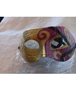 RETRO MASQUERADE MARDI GRAS  HALLOWEEN MASK GOLD &amp; PURPLE WITH BLACK TIE... - $7.91