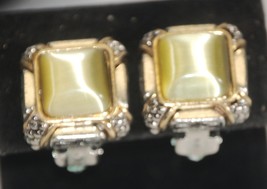 Green Rhinestone Square Earrings Clip On Abstract Designs Vintage - £7.92 GBP