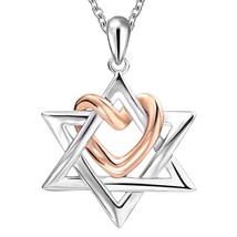 925 Sterling silver love heart charm rose gold star of david pendant Necklace - £56.44 GBP