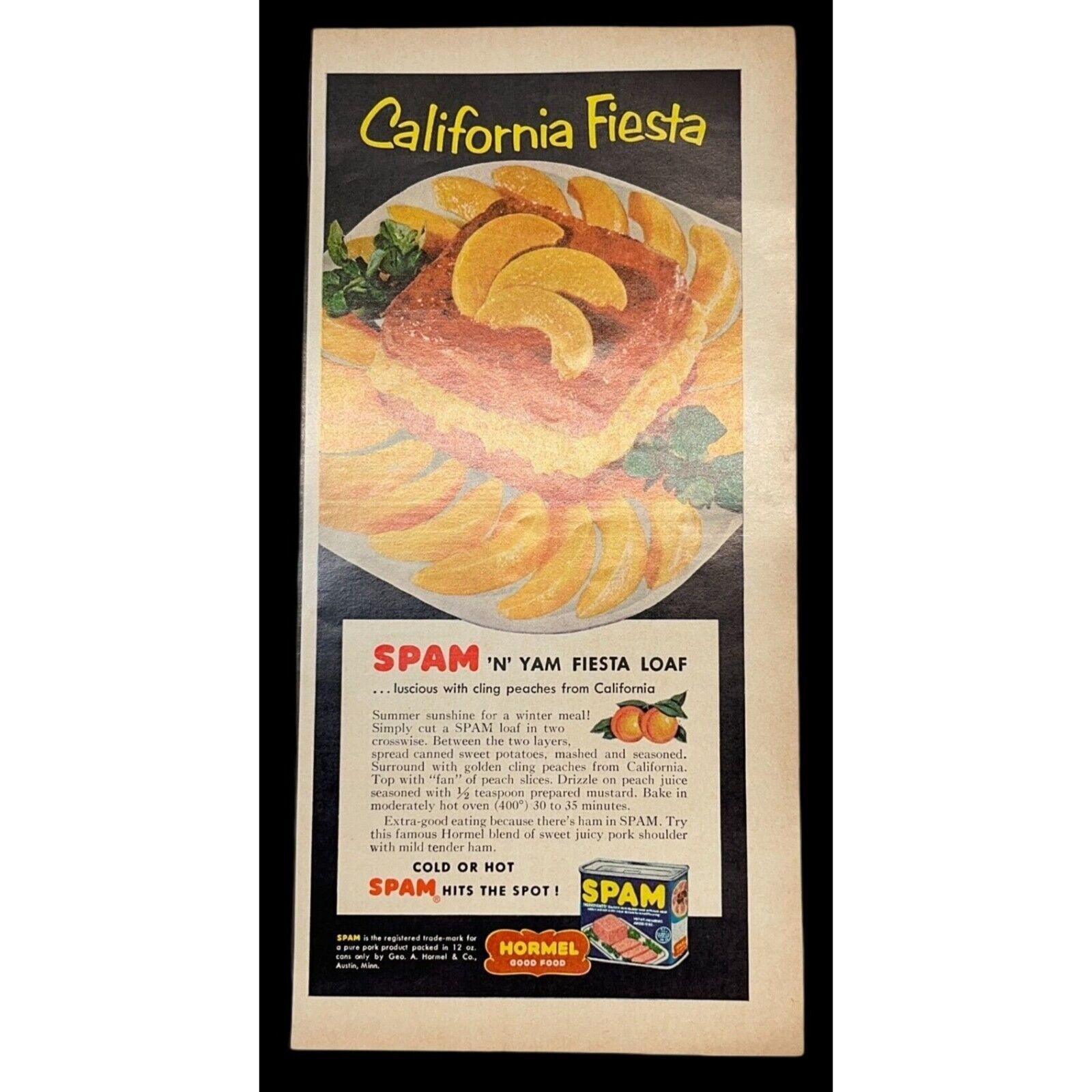 Primary image for Hormel Spam Fiesta Loaf Vintage Color Print Ad 1955 California Peaches Recipe