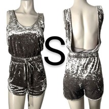 Grey Velvet Front Drawstring Waistband Tie Low Cut Out Back Mini Romper~... - $39.98
