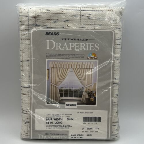 Set 2 Vtg Sears Tweed Keri Pinch-Pleated Draperies Royal Smoke Wihte Gray 54" - $45.80