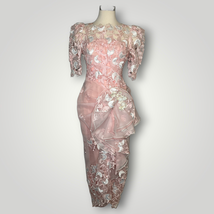 Vintage Gown 1980s 3D Floral Cutout Embroidered Pink USA Union Puffed Sl... - £190.26 GBP