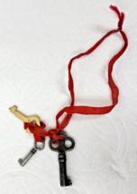 3 Vintage Extra Tiny Antique Keys on Red Silk Ribbon 1-1 5/8 inches - $14.36
