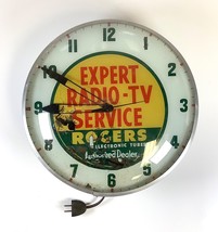 Vtg Expert Radio TV Service Rogers Tubes Bubble Glass Lighted Advertising Clock - £253.75 GBP