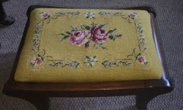 Antique Wood Footstool Ottoman With Embroidered Top Needlepoint Flowers ... - $99.99