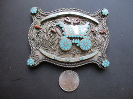 Vintage Sterling Silver Conestoga Wagon Belt Buckle - VM Dishta Inlays of Coral  - £790.16 GBP
