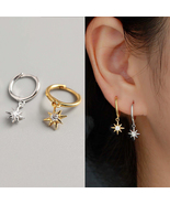 Dainty Cz Star Charm Hoop Earrings Gold Silver Star Dangle Drop Hoop Ear... - £10.09 GBP