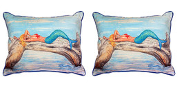 Pair of Betsy Drake Mermaid on Log Large Indoor Outdoor Pillows 16x20 - £71.21 GBP