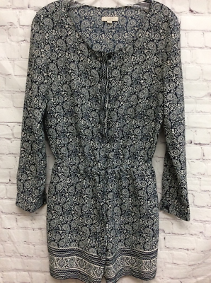 Ann Taylor Loft Womens Romper Playsuit Navy White Paisley Button Long Sl... - $6.55