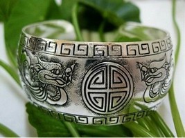 Huge Vintage Tibetan Copper Carved Two Dragon Head Cuff Bracelet- 7 1/4&quot; - $9.86