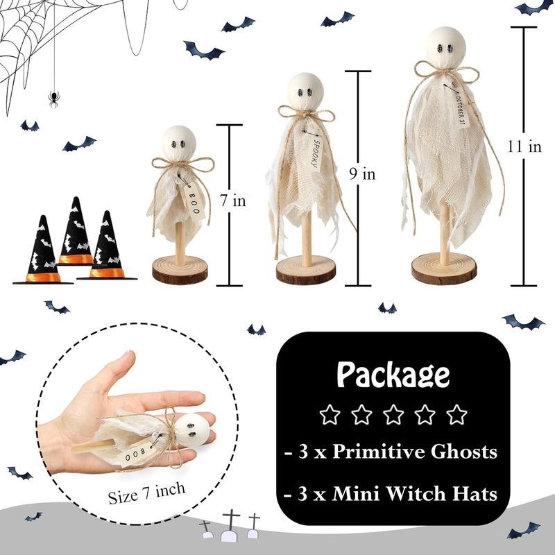 Halloween Decorations Indoor, Set of 3 Primitive Halloween Ghosts with Witch Hat Item image 4