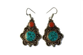 Vintage Tribal Earrings,Ethnic Drop Earrings with Turquoise - £14.38 GBP