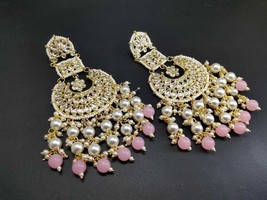 Kundan jewelry Pink earrings White beads Gold plated chandbali Jewelry Set 350 - £31.05 GBP