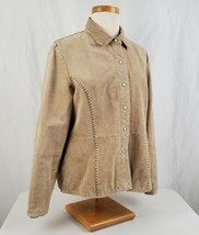 Ruff Hewn Suede Leather Jacket Women&#39;s Large Tan Pearl Snaps Lined Accen... - £17.55 GBP