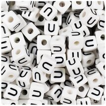 BeadTin White Opaque 10mm Cube Plastic Alphabet Beads- Black Letter U (2... - $2.09